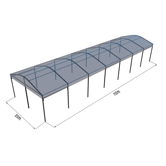 20'x70' curved event tent with black frame and clear arched roof, open-sided modern event structure shown in product rendering with labeled dimensions