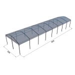 20'x80' curved event tent with black frame and clear arched roof, open-sided modern event structure shown in product rendering with labeled dimensions