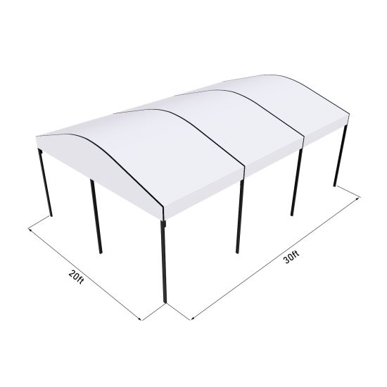20'x30' curved event tent with black frame and white arched roof, elegant open-sided event structure displayed in product rendering with dimensions