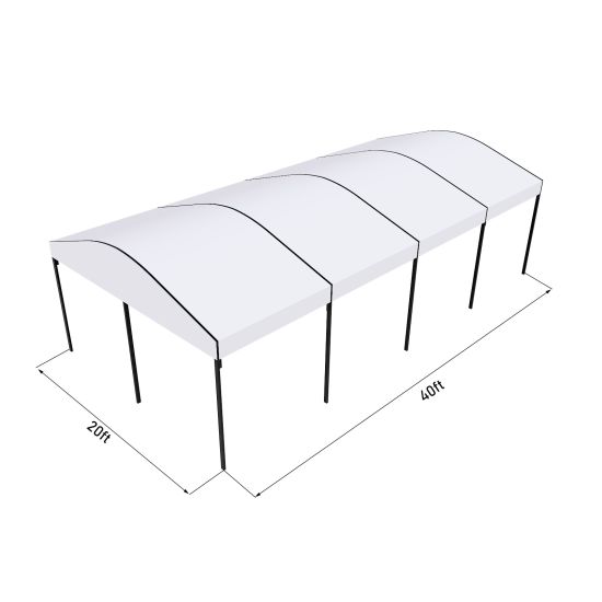 20'x40' curved event tent with black frame and white arched roof, elegant open-sided event structure displayed in product rendering with dimensions