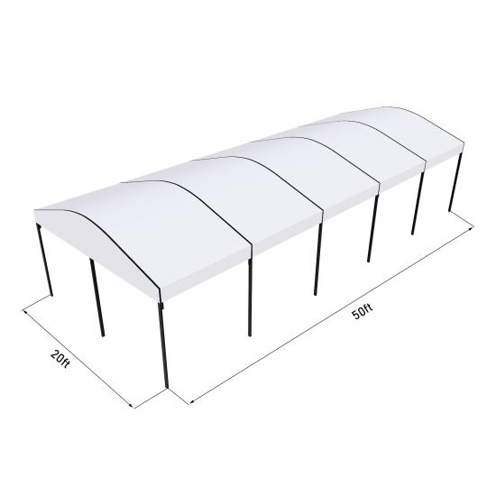 20'x50' curved event tent with black frame and white arched roof, elegant open-sided event structure displayed in product rendering with dimensions