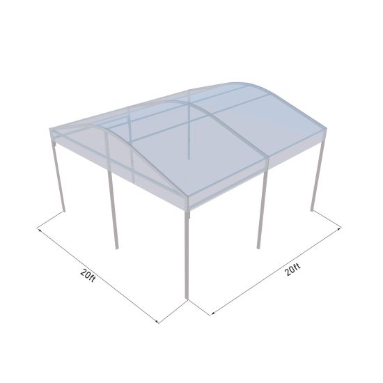 20'x20' curved event tent with silver frame and clear arched roof, open-sided modern event structure shown in product rendering with labeled dimensions