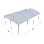 20'x30' curved event tent with silver frame and clear arched roof, open-sided modern event structure shown in product rendering with labeled dimensions