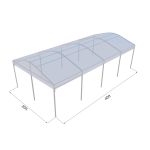 20'x40' curved event tent with silver frame and clear arched roof, open-sided modern event structure shown in product rendering with labeled dimensions