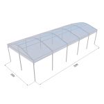 20'x50' curved event tent with silver frame and clear arched roof, open-sided modern event structure shown in product rendering with labeled dimensions