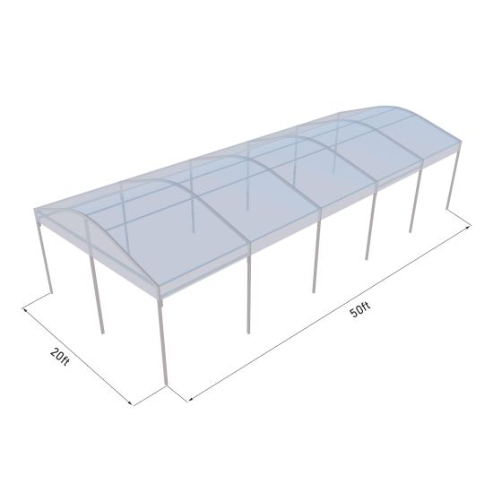 20'x50' curved event tent with silver frame and clear arched roof, open-sided modern event structure shown in product rendering with labeled dimensions