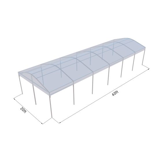 20'x60' curved event tent with silver frame and clear arched roof, open-sided modern event structure shown in product rendering with labeled dimensions