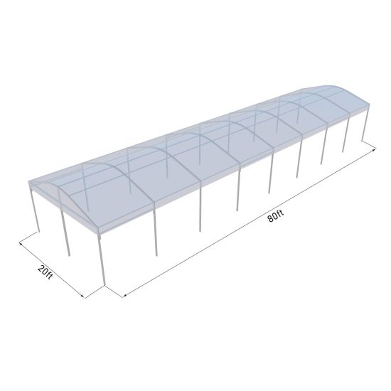 20'x80' curved event tent with silver frame and clear arched roof, open-sided modern event structure shown in product rendering with labeled dimensions