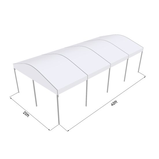 20'x40' curved event tent with silver frame and white arched roof, elegant open-sided event structure displayed in product rendering with dimensions