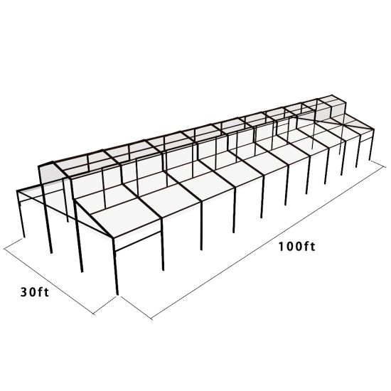 30′x100′ cathedral tent with black frame and clear top for elegant outdoor weddings and upscale events