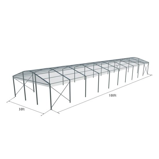 30'x100' curved event tent with black frame and clear arched roof, open-sided modern structure shown in product rendering with support framing and dimensions