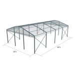 30'x40' curved event tent with black frame and clear arched roof, open-sided modern structure shown in product rendering with support framing and dimensions
