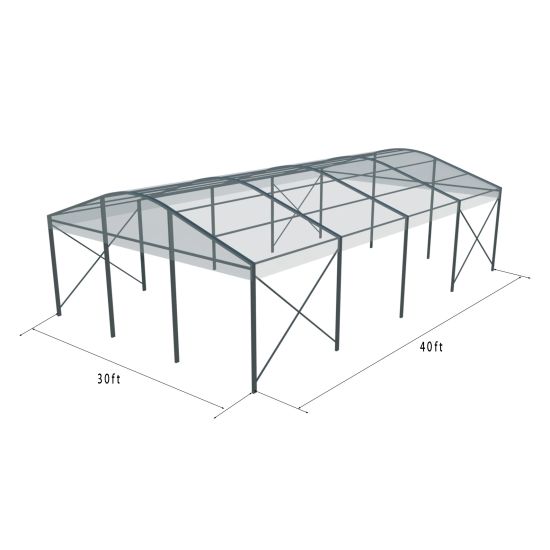 30'x40' curved event tent with black frame and clear arched roof, open-sided modern structure shown in product rendering with support framing and dimensions