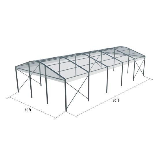 30'x50' curved event tent with black frame and clear arched roof, open-sided modern structure shown in product rendering with support framing and dimensions
