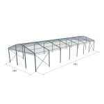 30'x70' curved event tent with black frame and clear arched roof, open-sided modern structure shown in product rendering with support framing and dimensions