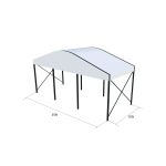 30'x10' curved event tent with black frame and white arched roof, elegant open-sided event structure shown in product rendering with support beams and dimensions