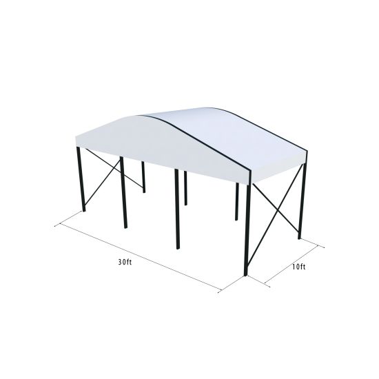 30'x10' curved event tent with black frame and white arched roof, elegant open-sided event structure shown in product rendering with support beams and dimensions