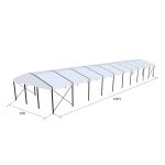 30'x100' curved event tent with black frame and white arched roof, elegant open-sided event structure shown in product rendering with support beams and dimensions