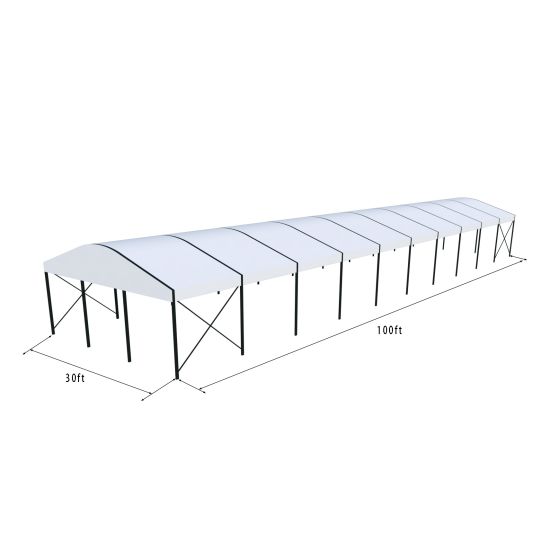 30'x100' curved event tent with black frame and white arched roof, elegant open-sided event structure shown in product rendering with support beams and dimensions