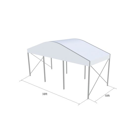 30'x10' curved event tent with silver frame and white arched roof, elegant open-sided event structure shown in product rendering with support beams and dimensions