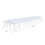 30'x100' curved event tent with silver frame and white arched roof, elegant open-sided event structure shown in product rendering with support beams and dimensions