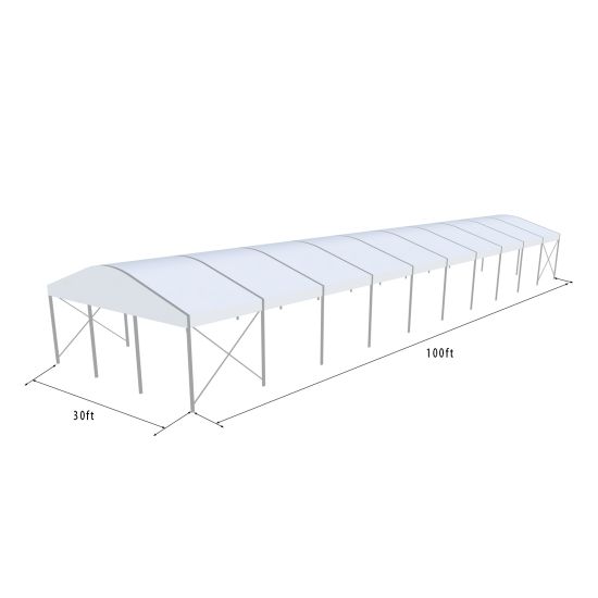30'x100' curved event tent with silver frame and white arched roof, elegant open-sided event structure shown in product rendering with support beams and dimensions