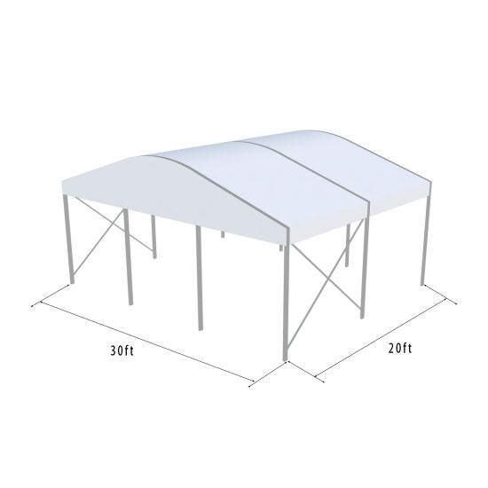 30'x20' curved event tent with silver frame and white arched roof, elegant open-sided event structure shown in product rendering with support beams and dimensions