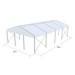 30'x40' curved event tent with silver frame and white arched roof, elegant open-sided event structure shown in product rendering with support beams and dimensions