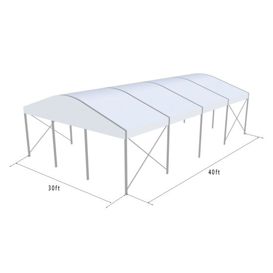 30'x40' curved event tent with silver frame and white arched roof, elegant open-sided event structure shown in product rendering with support beams and dimensions