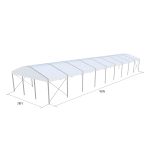 30'x90' curved event tent with silver frame and white arched roof, elegant open-sided event structure shown in product rendering with support beams and dimensions