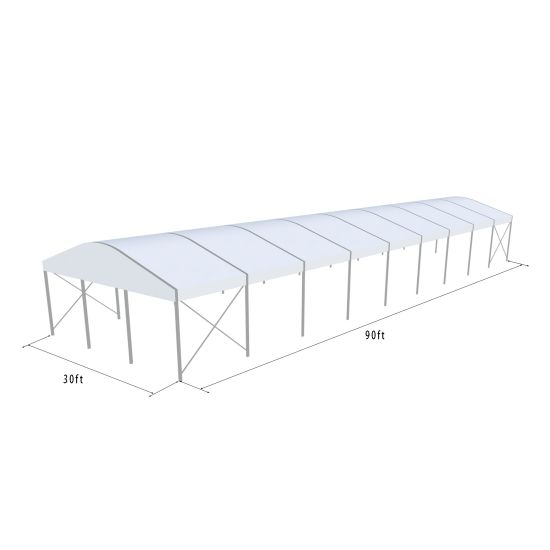 30'x90' curved event tent with silver frame and white arched roof, elegant open-sided event structure shown in product rendering with support beams and dimensions