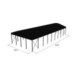 40'x90' curved event tent with black metal frame and black arched roof, open-sided modern structure shown in product rendering with support bracing and dimensions