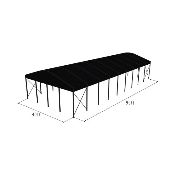 40'x90' curved event tent with black metal frame and black arched roof, open-sided modern structure shown in product rendering with support bracing and dimensions