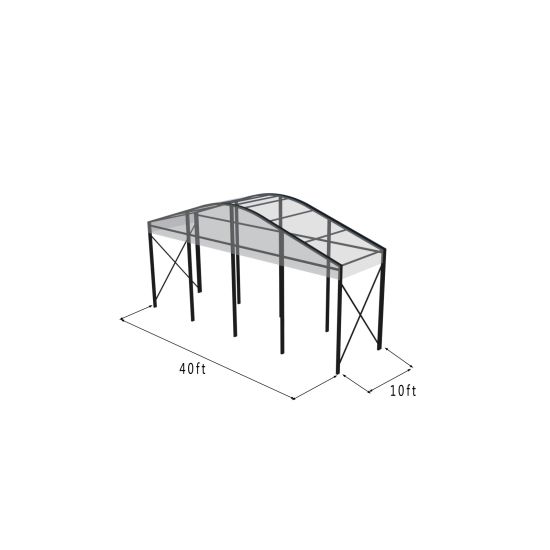 40'x10' curved event tent with black frame and clear arched roof, open-sided structure displayed in product rendering with visible support beams and dimensions