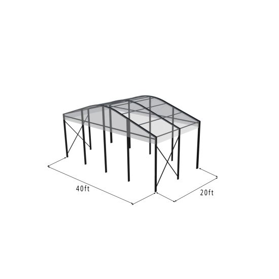 40'x20' curved event tent with black frame and clear arched roof, open-sided structure displayed in product rendering with visible support beams and dimensions