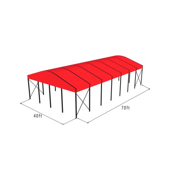 40'x70' curved event tent with black frame and red arched roof, open-sided modern structure displayed in product rendering with visible support beams