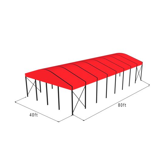 40'x80' curved event tent with black frame and red arched roof, open-sided modern structure displayed in product rendering with visible support beams