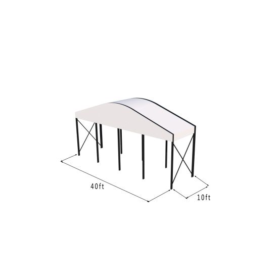 40'x10' curved event tent with black frame and white arched roof, elegant open-sided event structure shown in product rendering with support framing