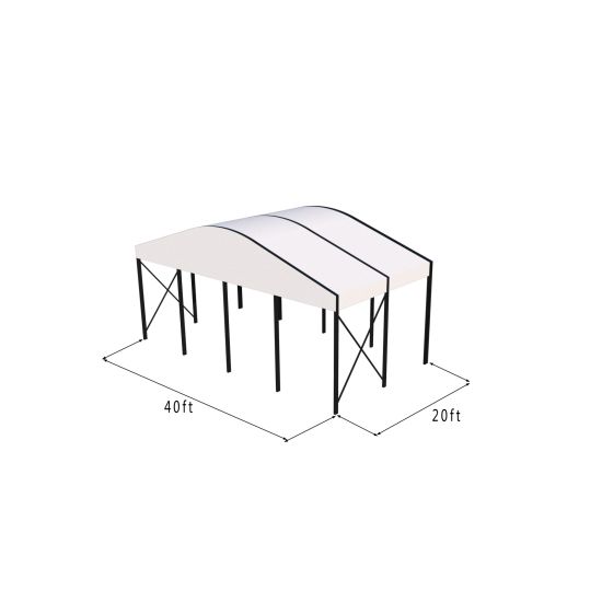 40'x20' curved event tent with black frame and white arched roof, elegant open-sided event structure shown in product rendering with support framing