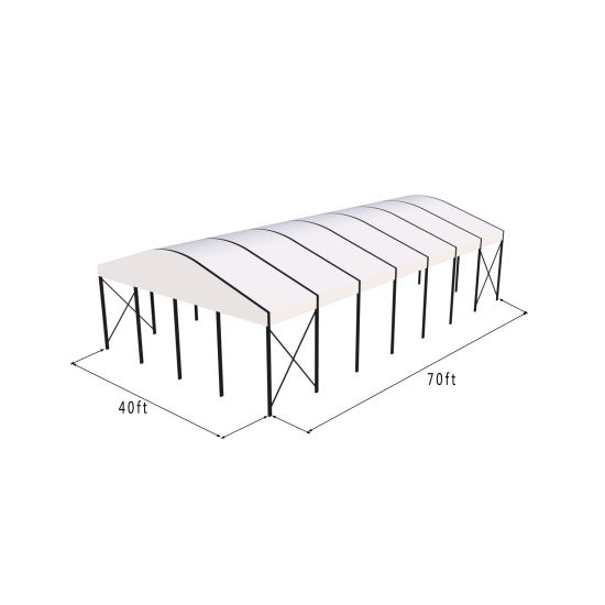 40'x70' curved event tent with black frame and white arched roof, elegant open-sided event structure shown in product rendering with support framing
