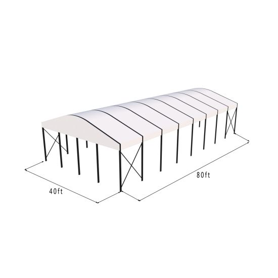 40'x80' curved event tent with black frame and white arched roof, elegant open-sided event structure shown in product rendering with support framing