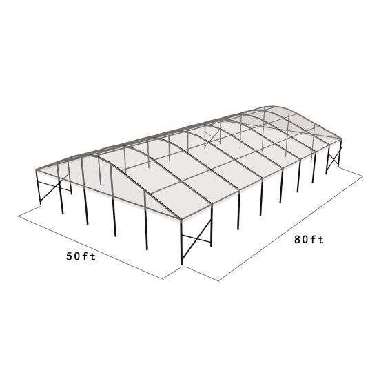 50'x80' curved event tent with black frame and clear arched roof, open-sided structure displayed in product rendering with visible support beams