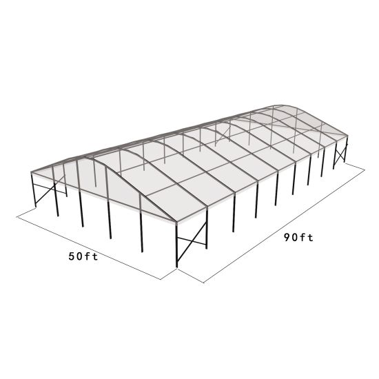 50'x90' curved event tent with black frame and clear arched roof, open-sided structure displayed in product rendering with visible support beams