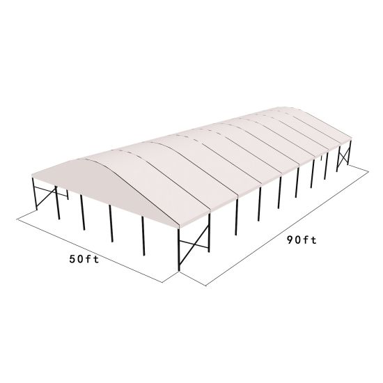 50'x90' curved event tent with black frame and white arched roof, elegant open-sided structure shown in product rendering with support framing