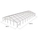 50'x100' curved event tent with silver frame and clear arched roof, open-sided structure displayed in product rendering with visible support beams