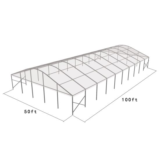 50'x100' curved event tent with silver frame and clear arched roof, open-sided structure displayed in product rendering with visible support beams