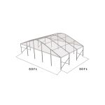 50'x30' curved event tent with silver frame and clear arched roof, open-sided structure displayed in product rendering with visible support beams