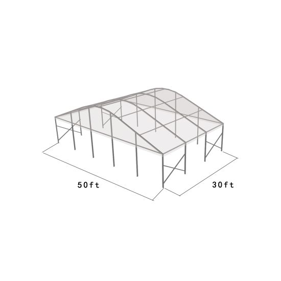 50'x30' curved event tent with silver frame and clear arched roof, open-sided structure displayed in product rendering with visible support beams