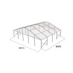 50'x40' curved event tent with silver frame and clear arched roof, open-sided structure displayed in product rendering with visible support beams