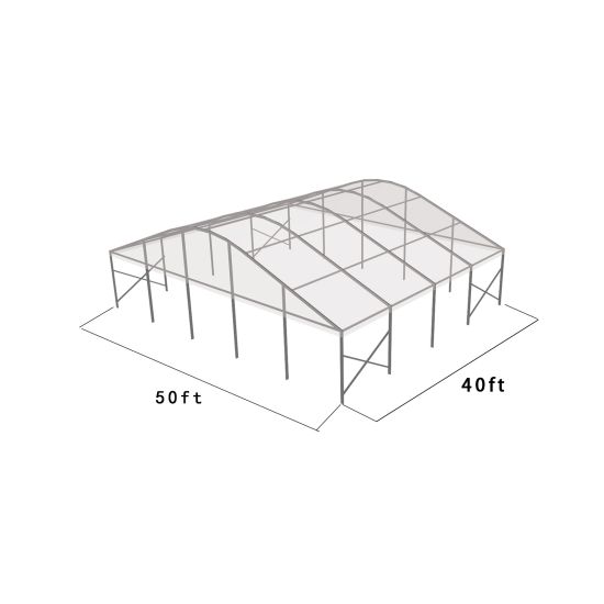50'x40' curved event tent with silver frame and clear arched roof, open-sided structure displayed in product rendering with visible support beams